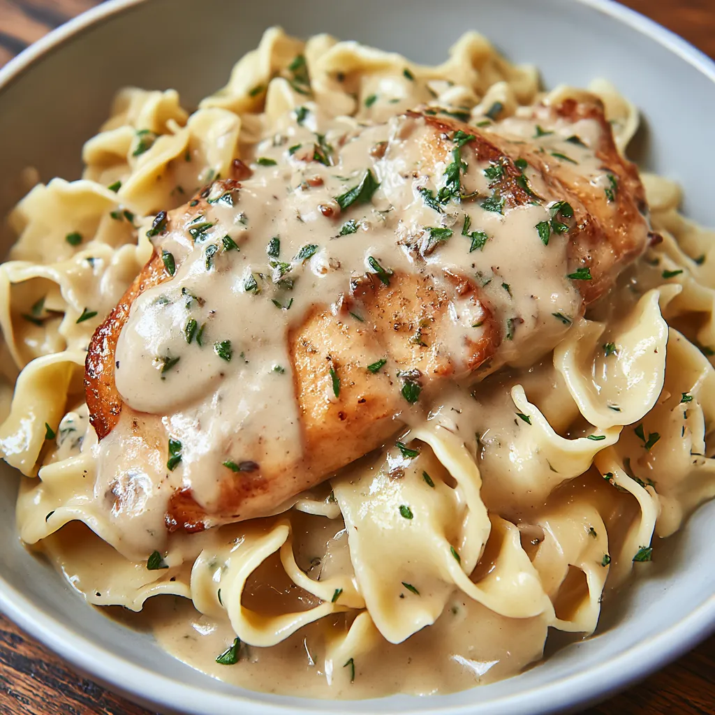 Chicken and buttered noodles served in a bowl.