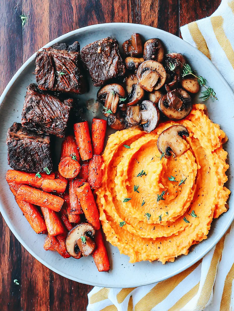 Tender beef short ribs with mushrooms, carrots, and sweet potatoes on a plate.