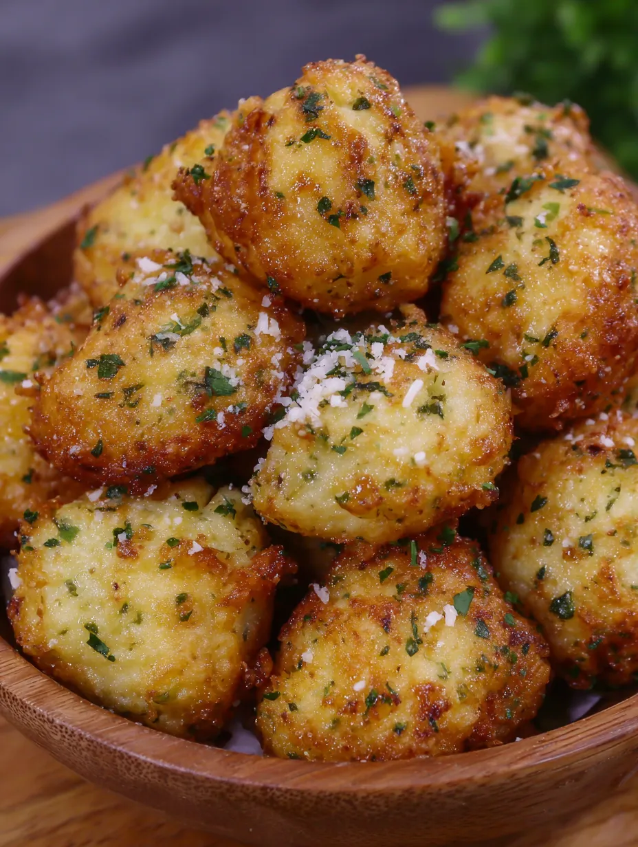 A wooden bowl holds hot cauliflower balls with parmesan and herbs sprinkled on top.