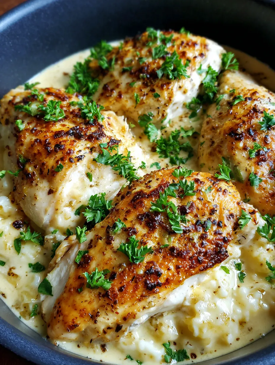 A bowl with chicken and a creamy sauce featuring onions and garlic.