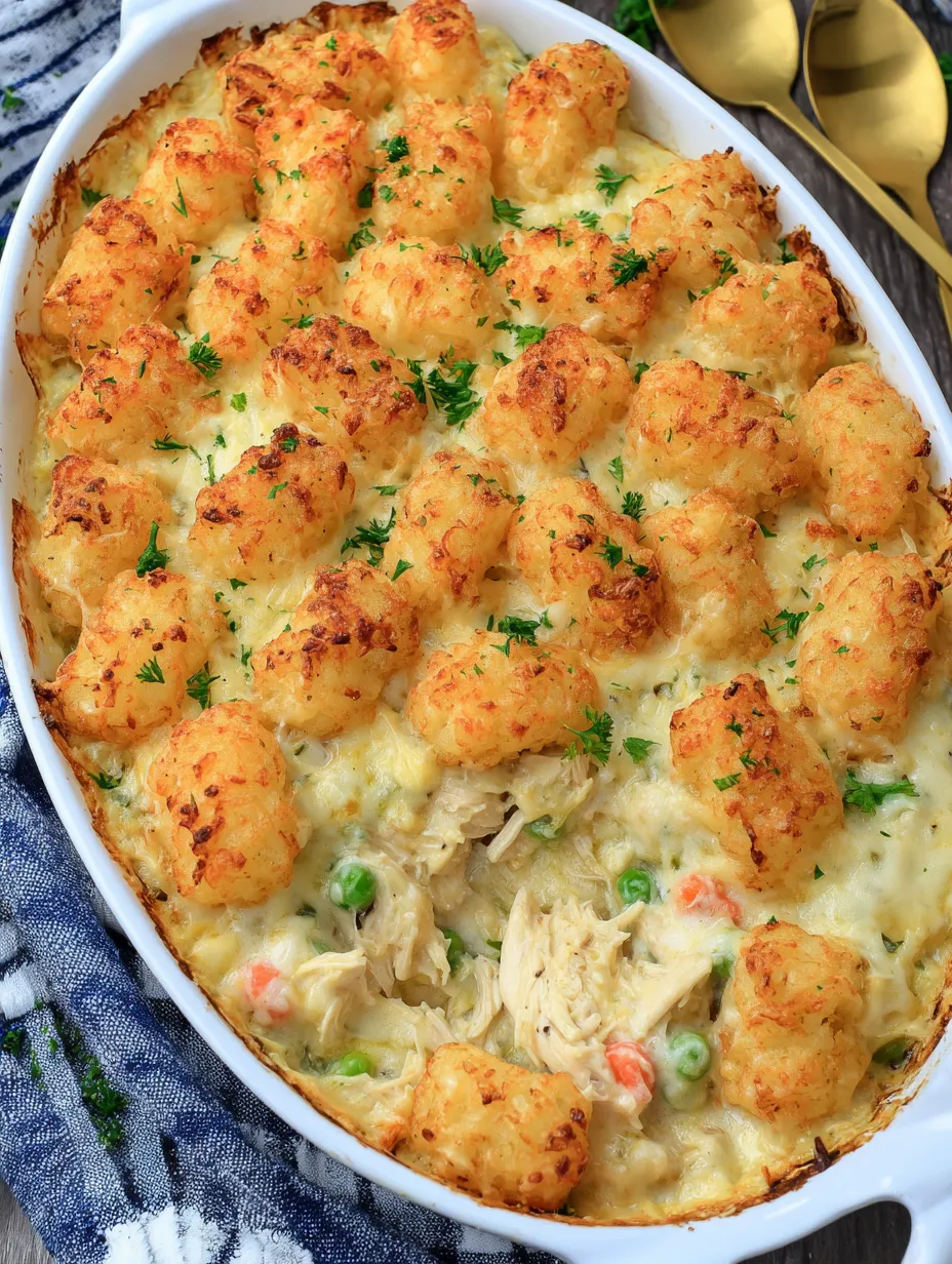 A white plate loaded with creamy tater tots, chicken, peas, and onion.