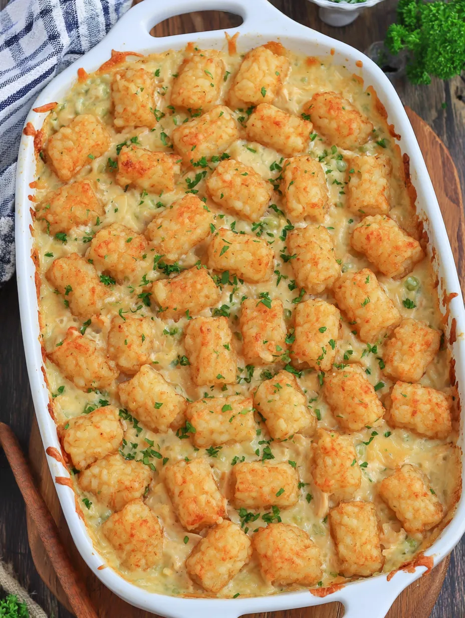 A colorful plate of Tater Tots salad with crispy potato bites and onions served on a white dish.