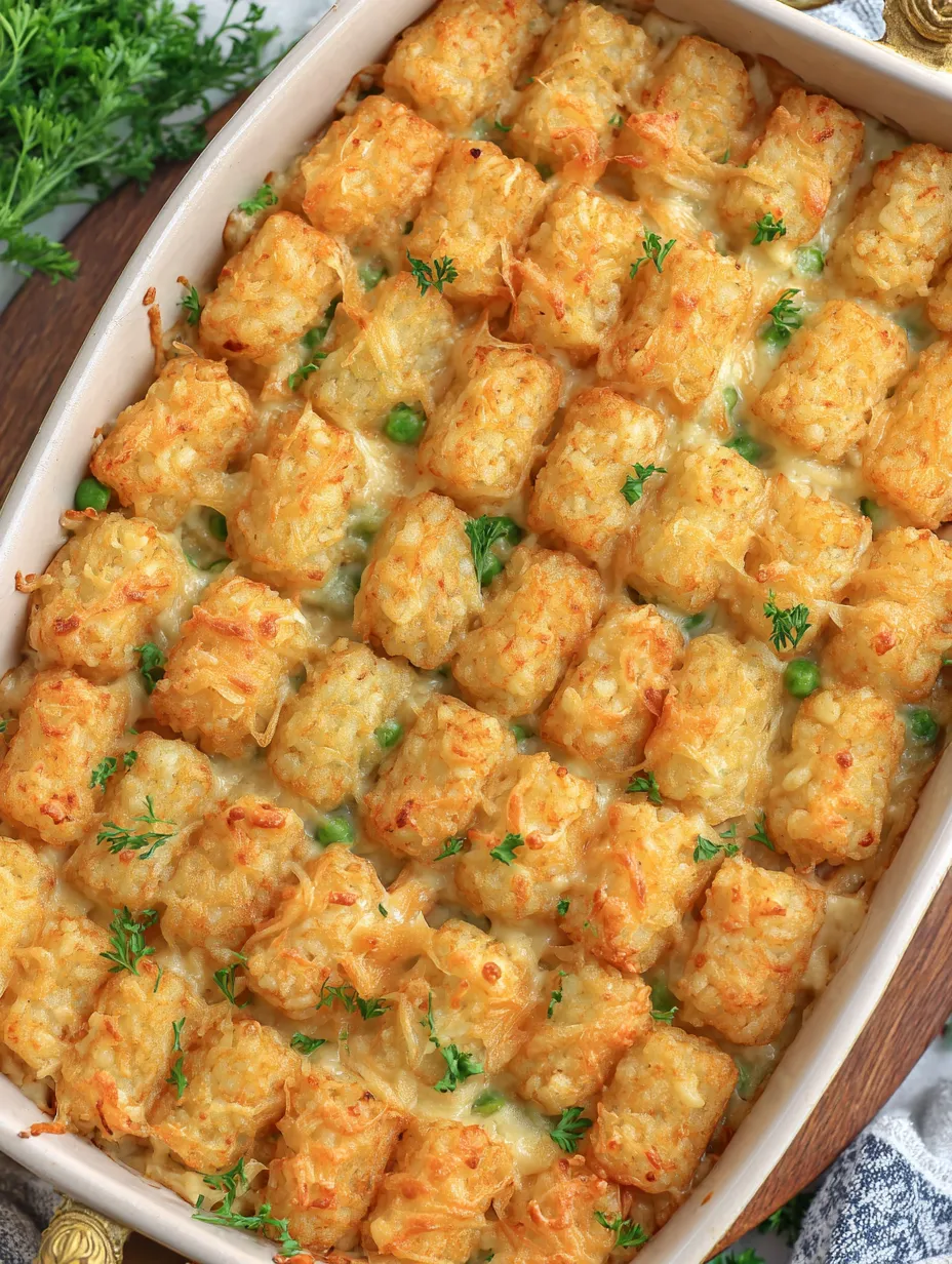 A baking tray of Tater Tot hotdogs covered in a creamy sauce.