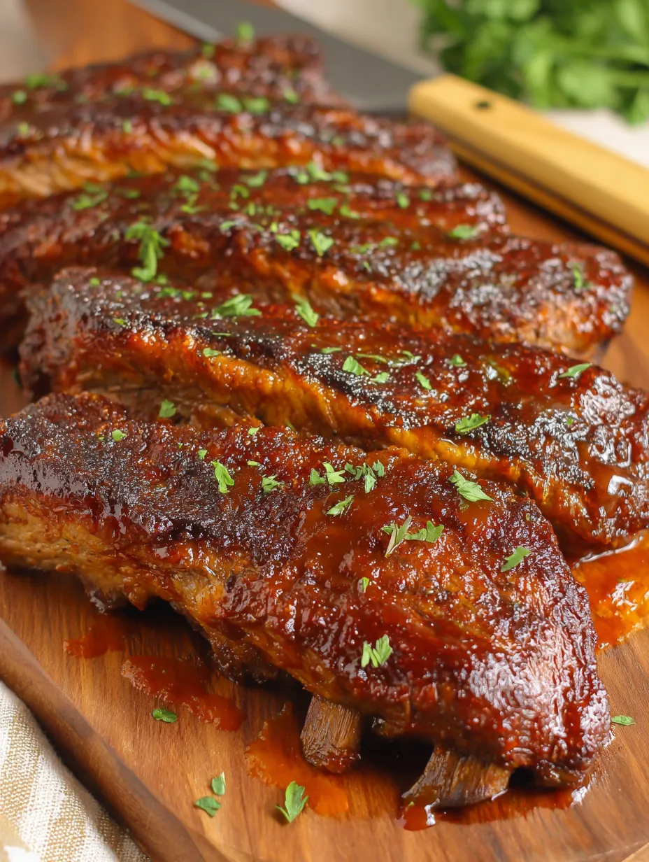 Two pieces of BBQ ribs on a cutting board.
