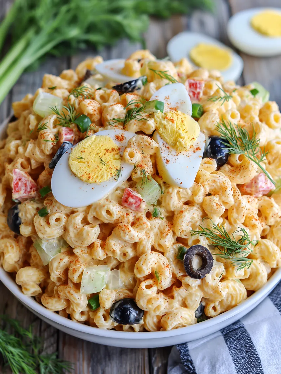A white plate loaded with macaroni, eggs, onions, and olives mixed together.