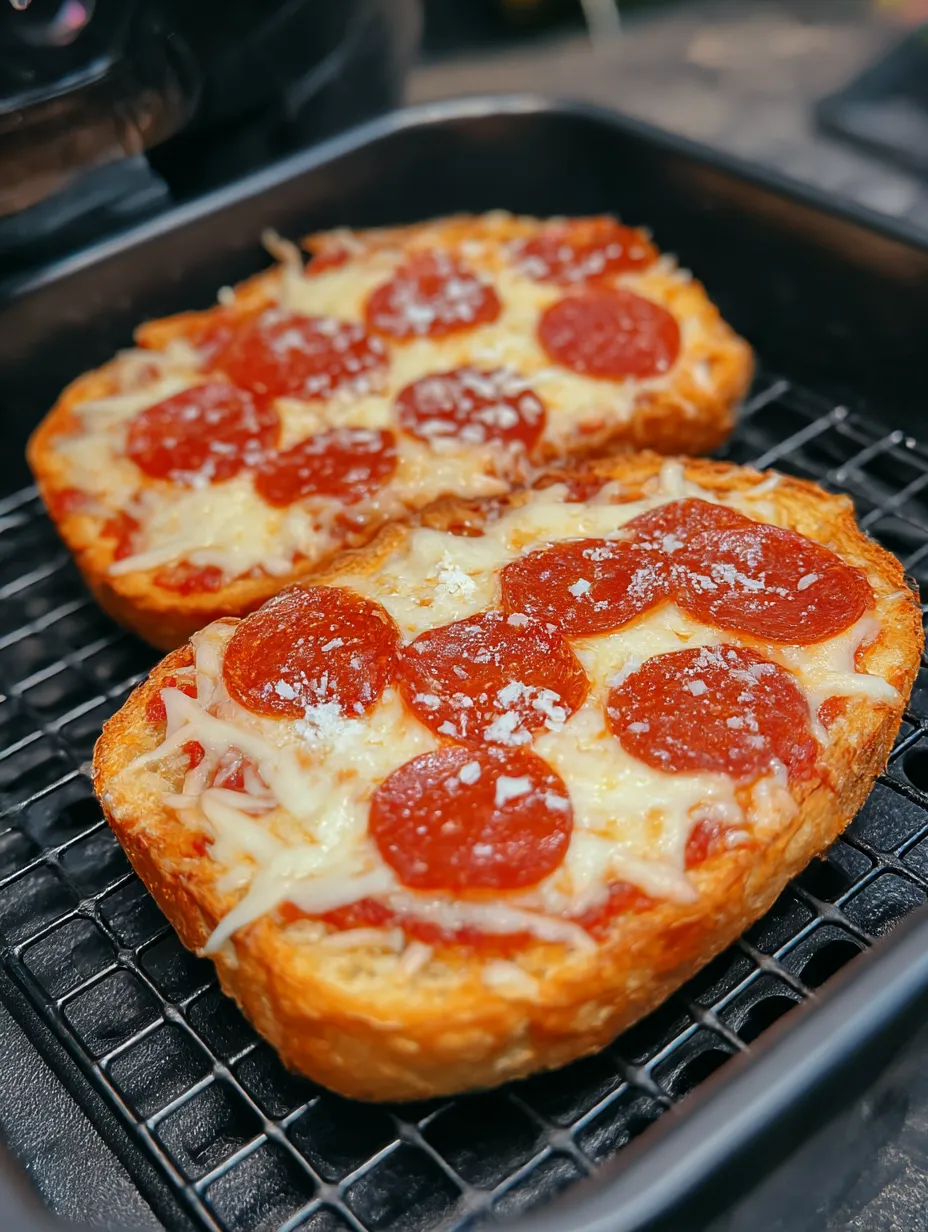 Two slices of pizza toast sitting in an air fryer basket.