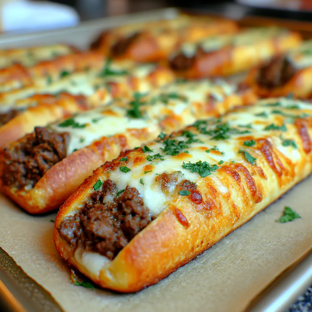Breadsticks oozing cheese with steak and veggies inside on a tray.