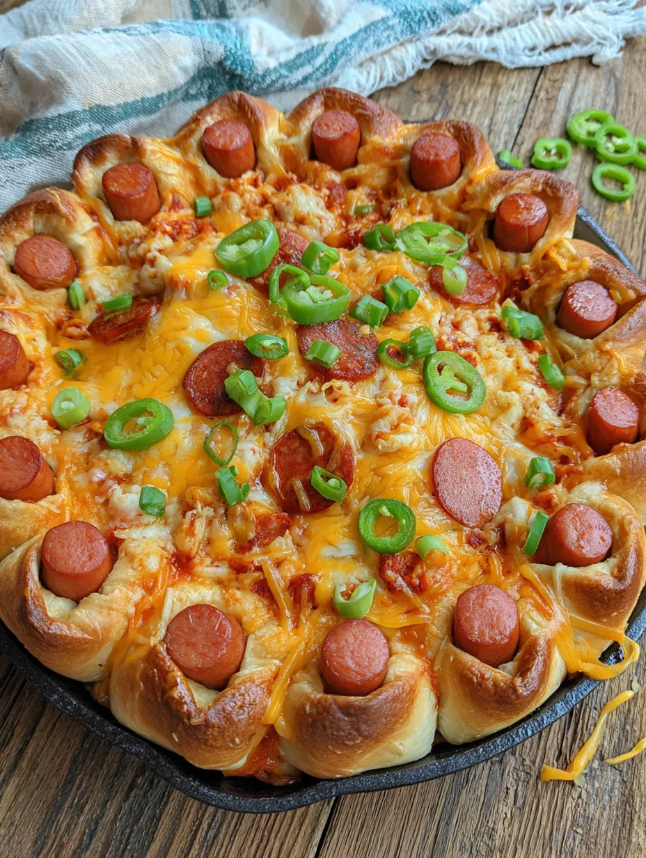 A cheesy hot dog pizza piled with peppers sits on a plate.