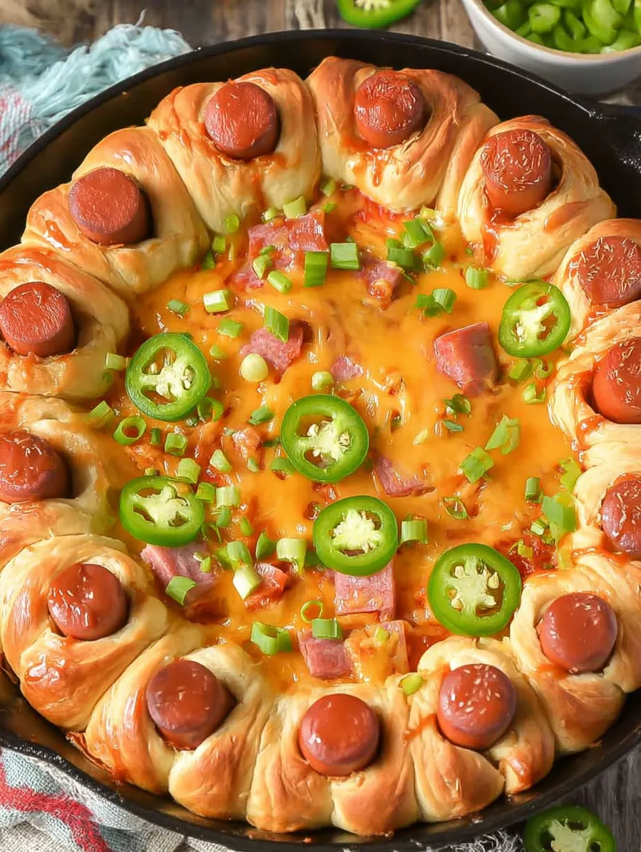 A giant, oozy hot dog pizza covered in green onions and ketchup up close.