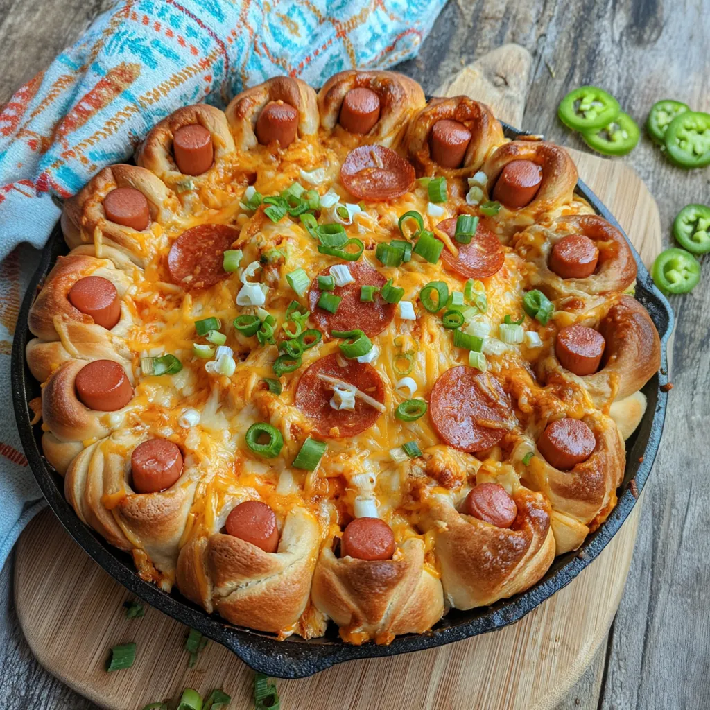 A big fried pizza-style dish stacked with onions and peppers in the middle.
