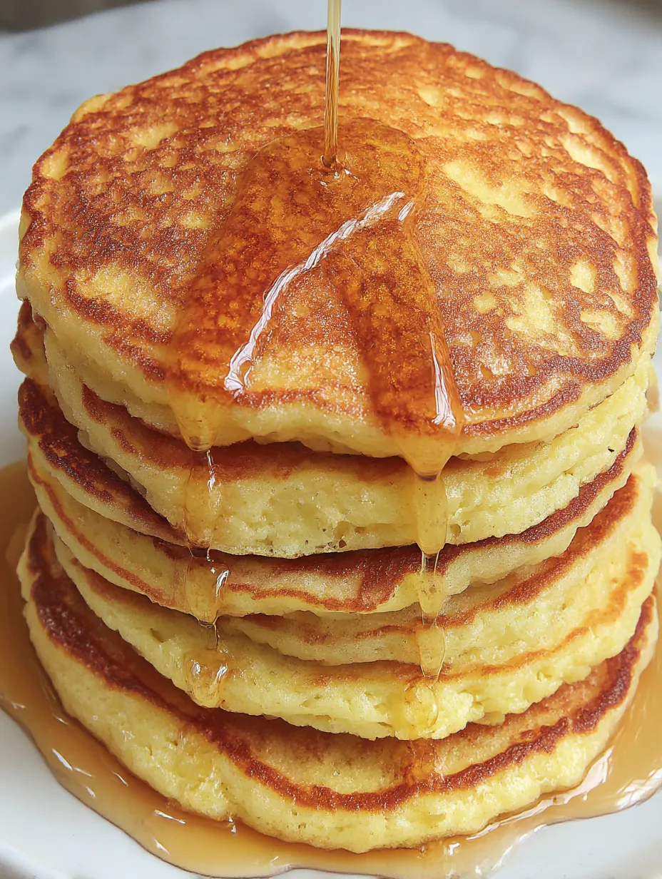 A stack of pancakes with syrup drizzled on top.