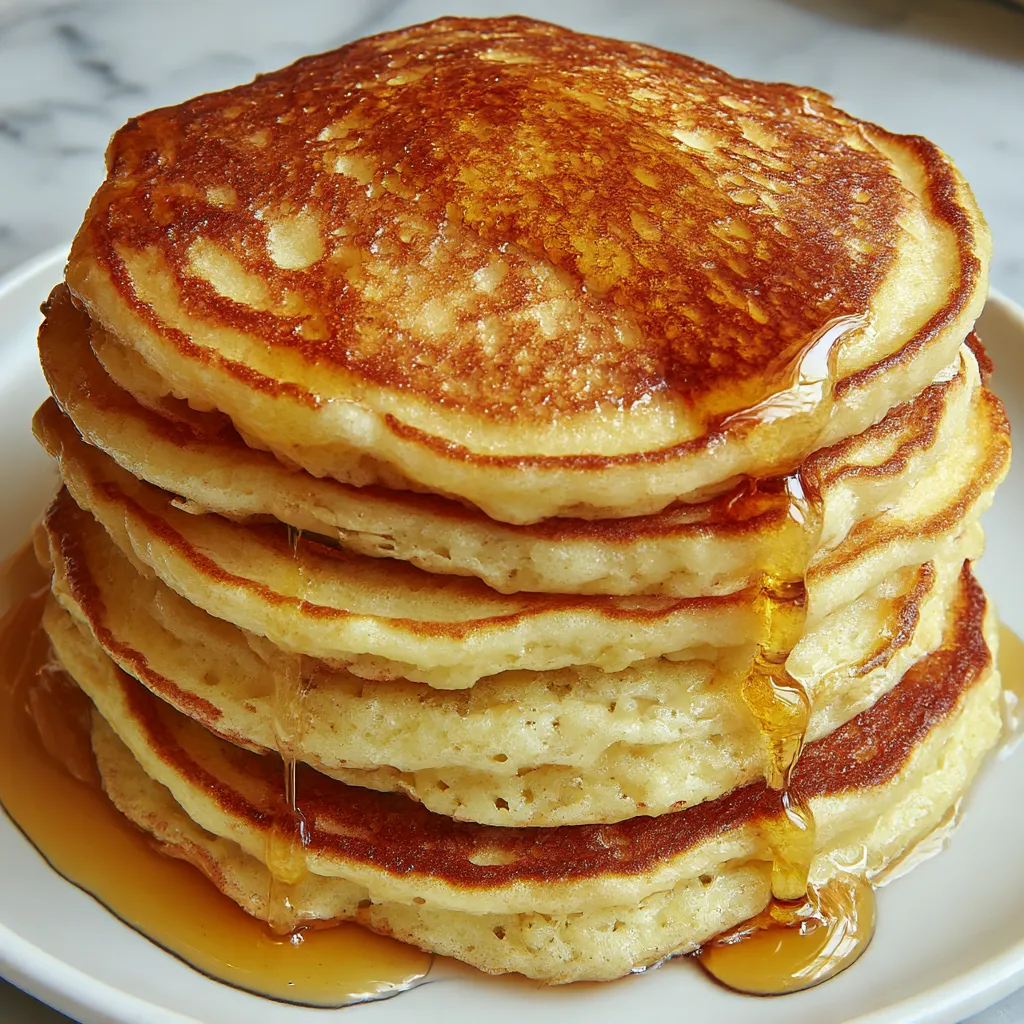 Golden pancakes stacked high, dripping with syrup.