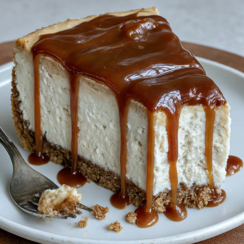 A slice of apple cider cheesecake sitting on a dish.