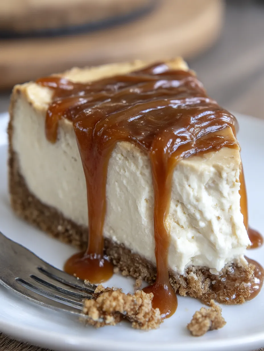 Slice of apple cider cheesecake topped with caramel sauce.