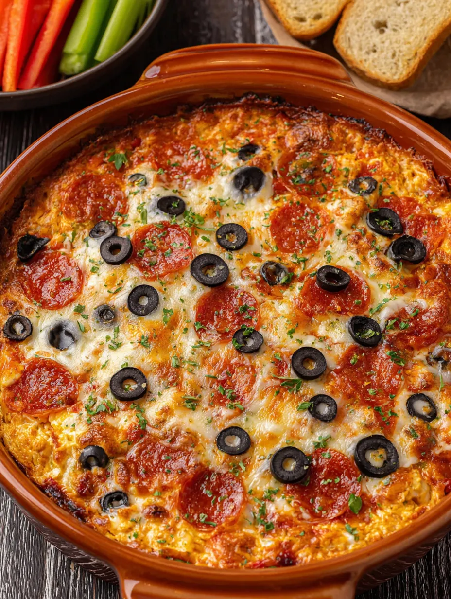 A giant, hot pizza loaded with toppings like olives, tomato, basil, and greens.