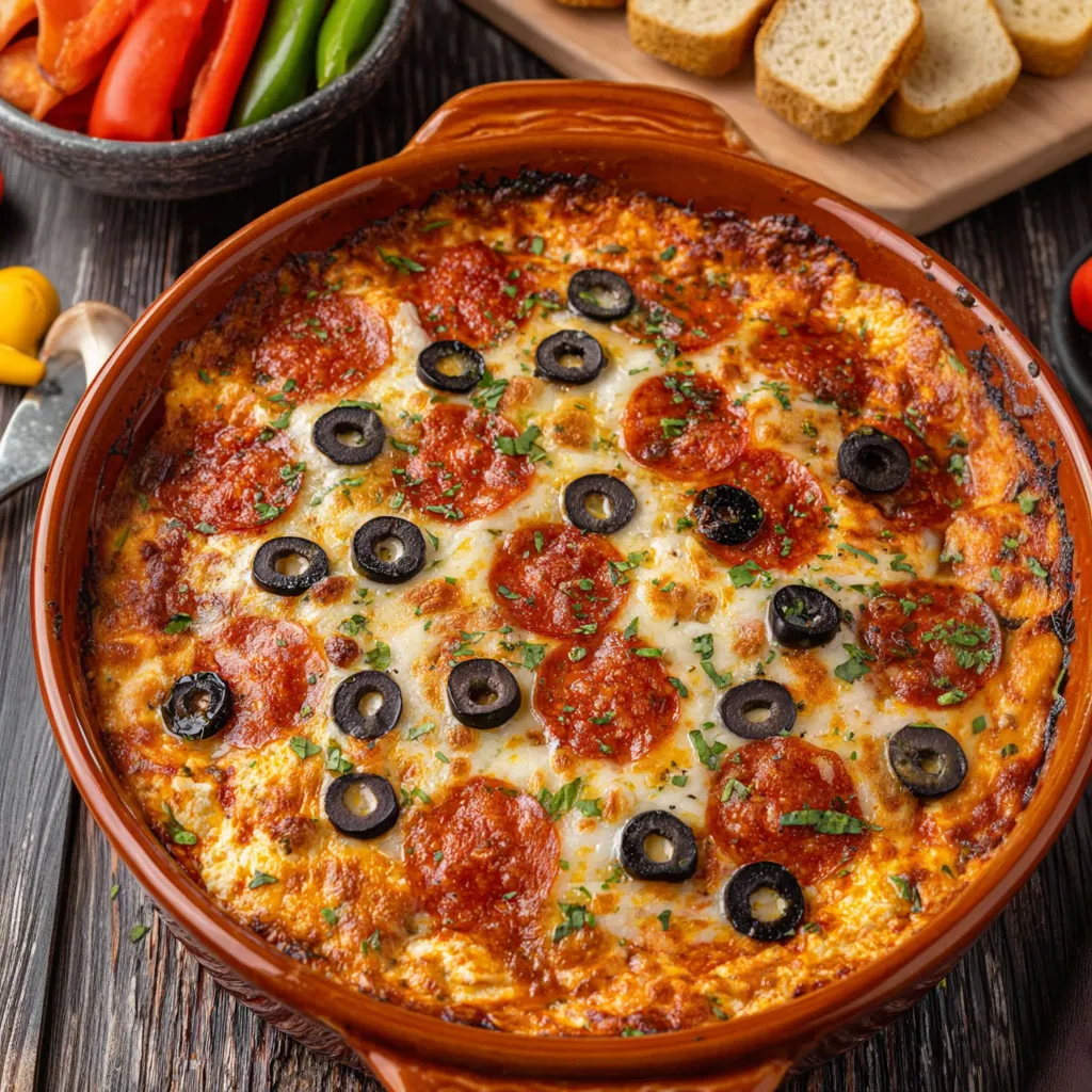 Big, golden-fried pizza dip loaded with basil, olives, tomatoes, and peppers.