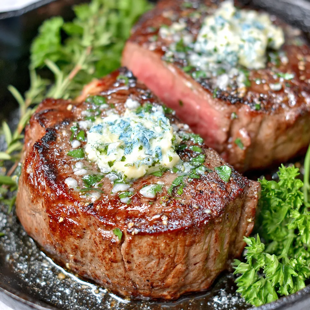 Two steaks topped with blue cheese.