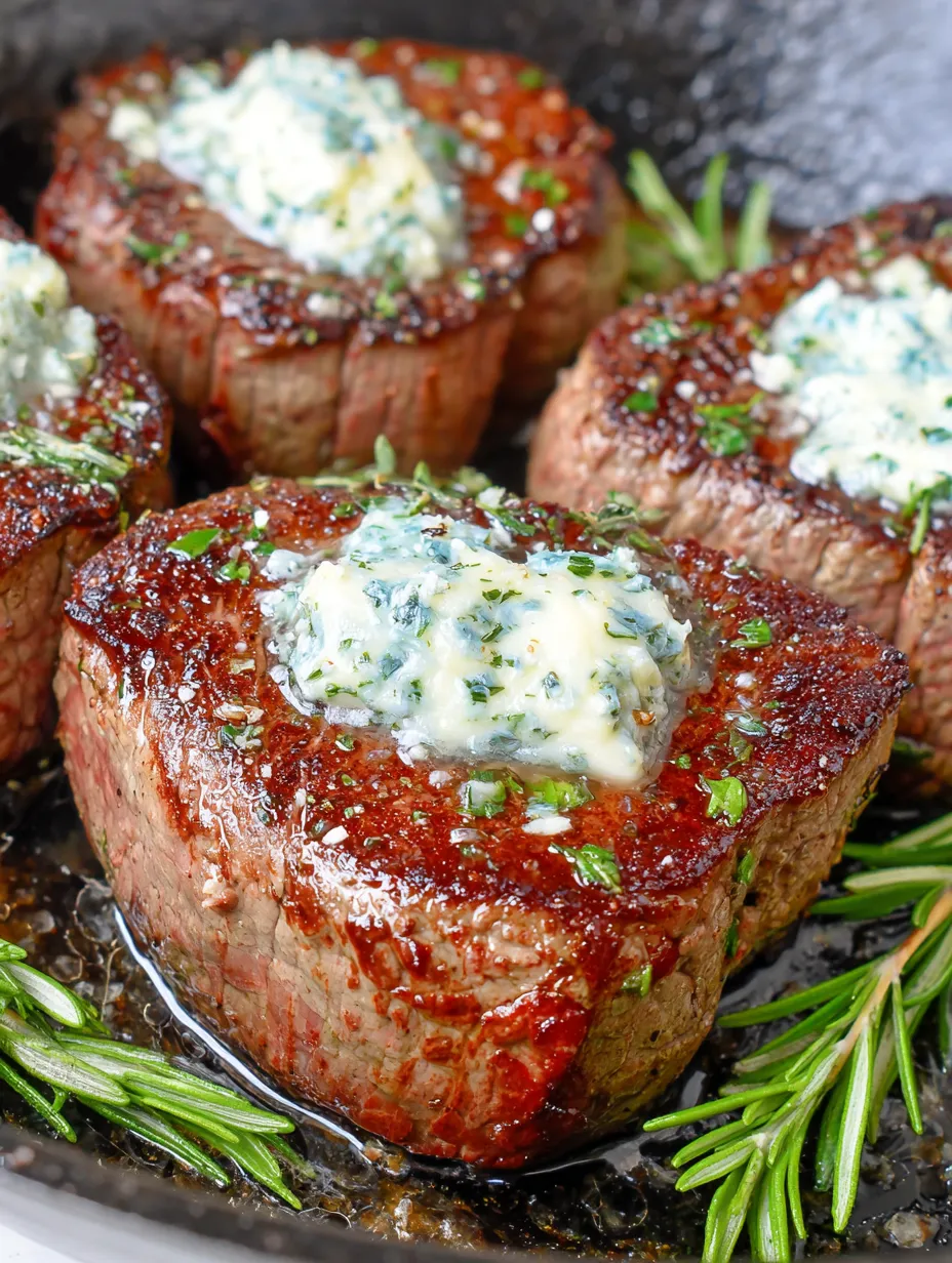 A pile of steaks topped with melting butter and fresh herbs.