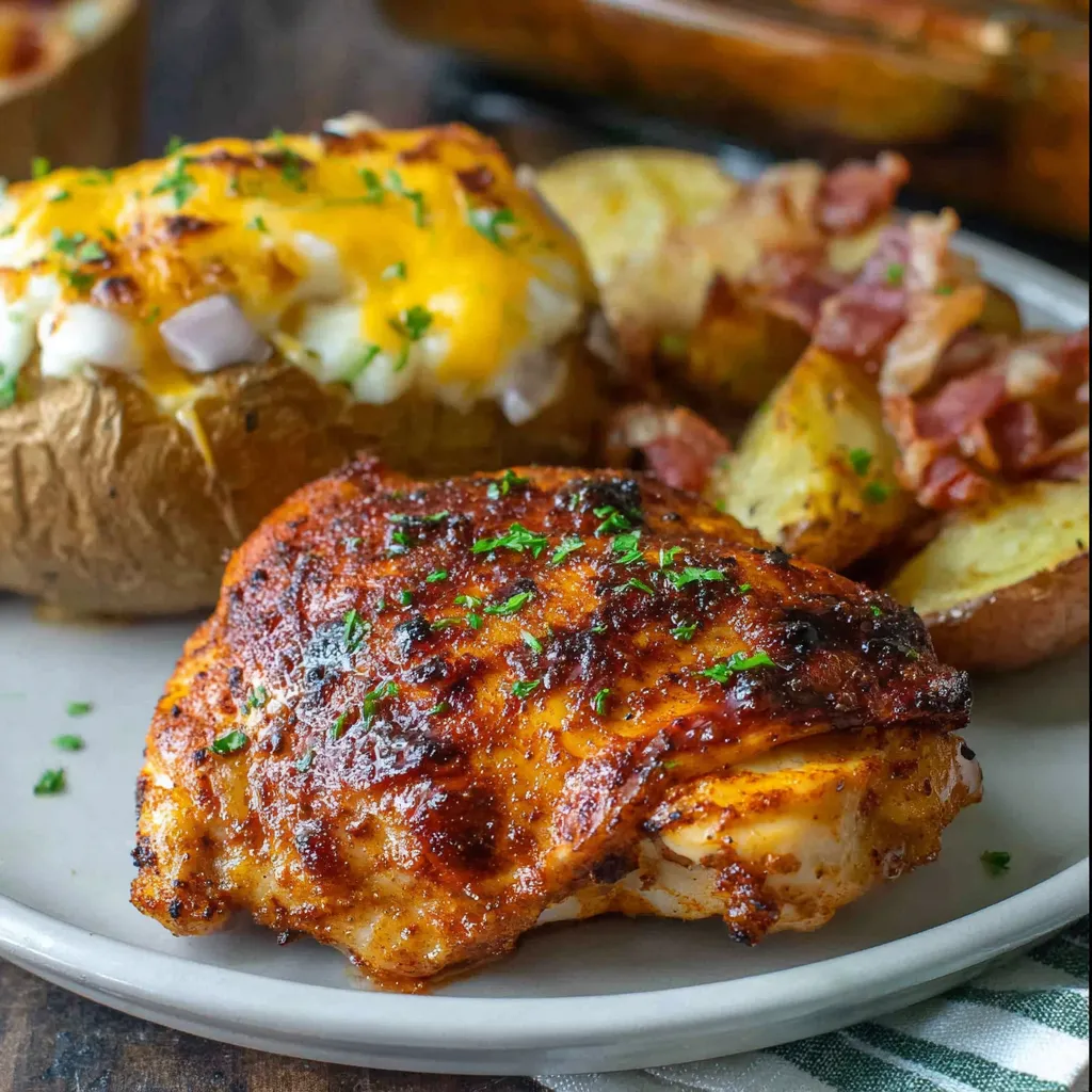 A plate with chicken, potatoes, and bread.