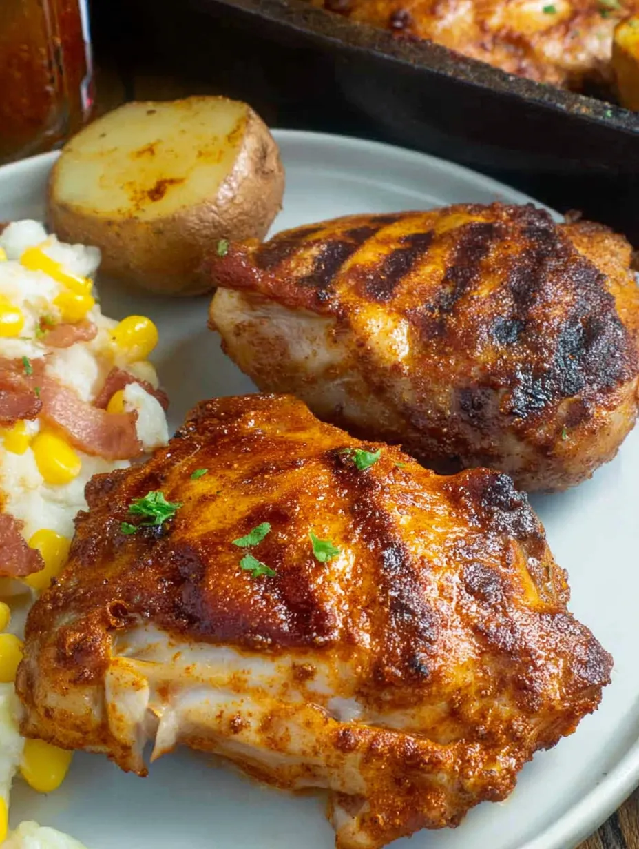 A plate with grilled steak, potatoes, and corn.