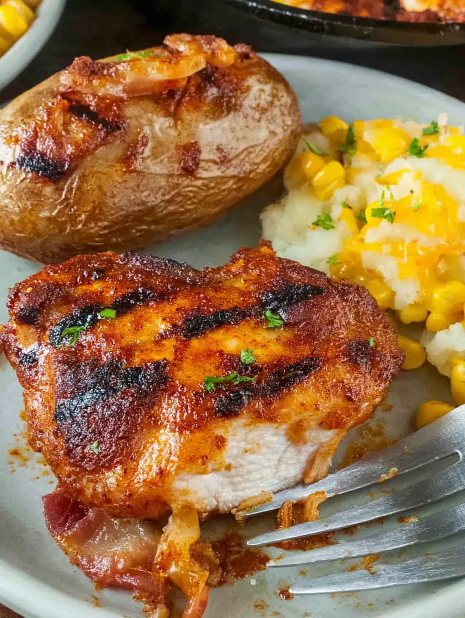 A plate with grilled steak, potatoes, and corn.