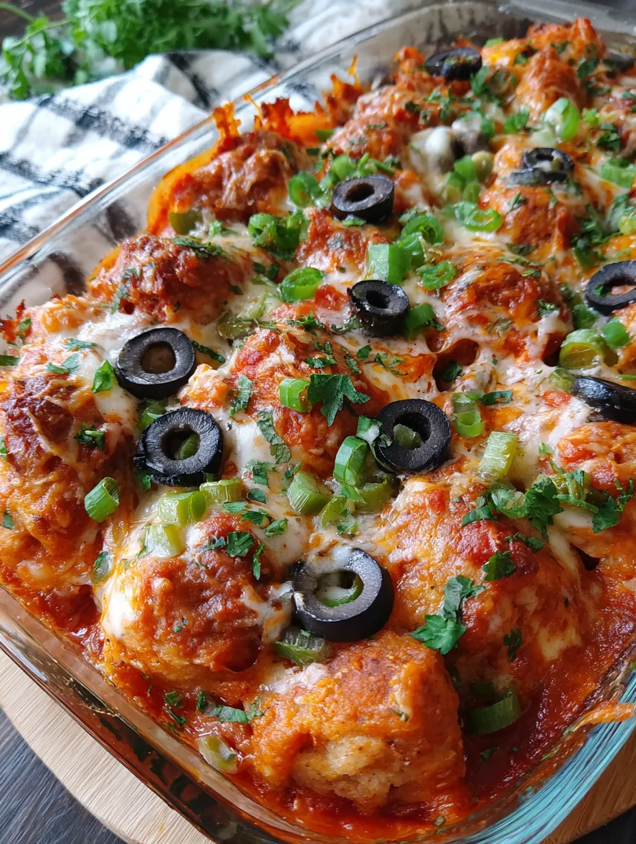 A glass dish with a cheesy lasagna layered with olives, onions, and tomatoes.