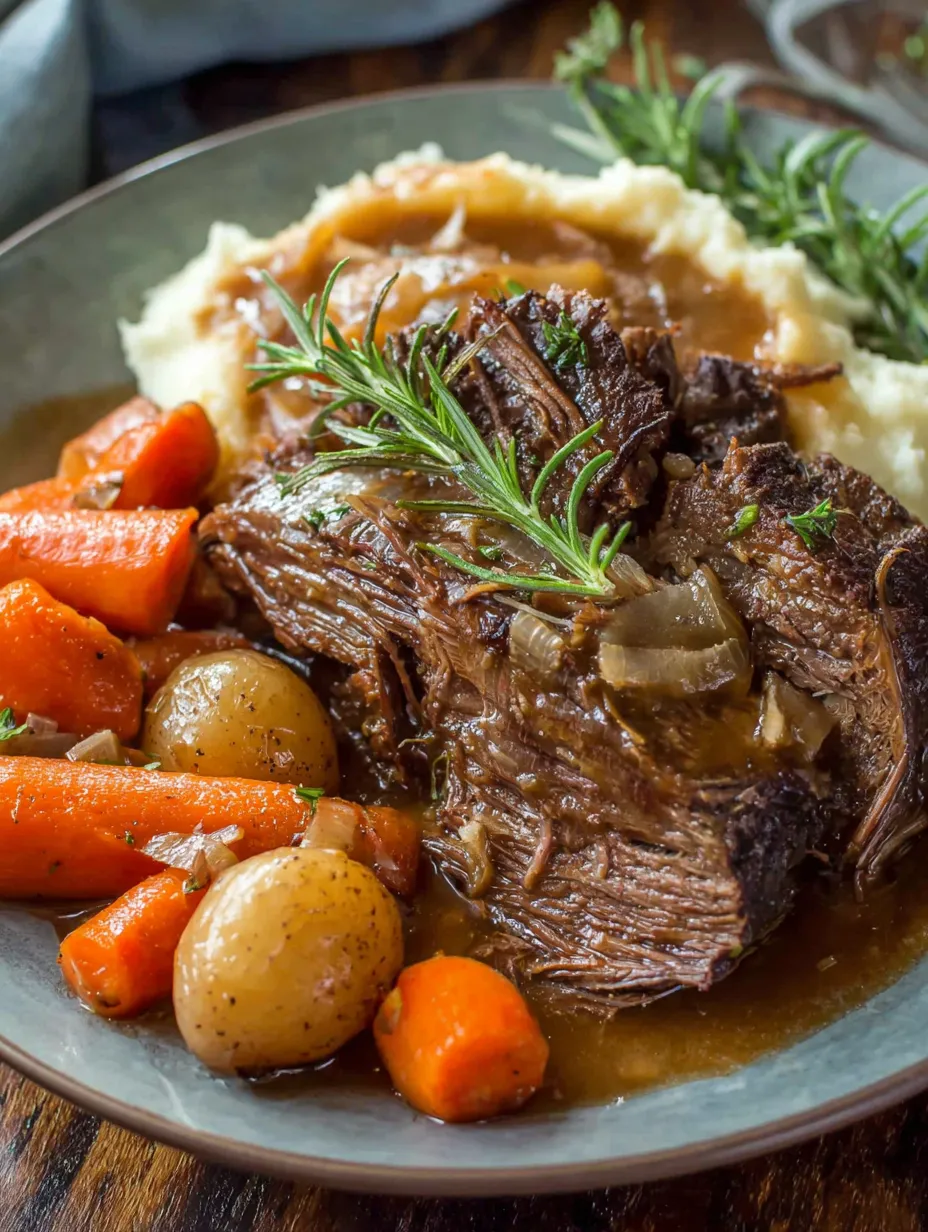 A plate with beef, potatoes, carrots, and onions.