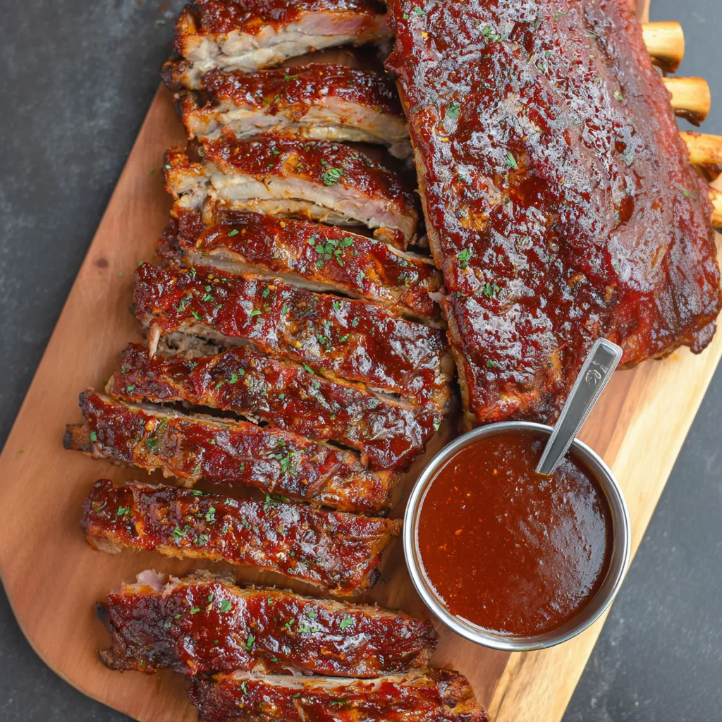 A wooden board loaded with BBQ ribs and a jar of BBQ sauce on the side.