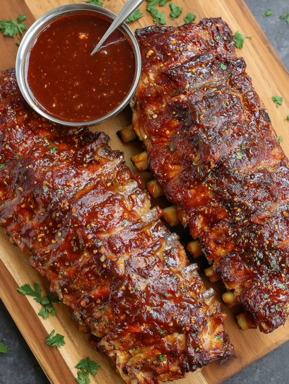 Two BBQ ribs on a chopping board.