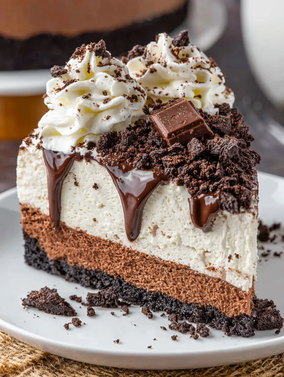 A chocolate dessert with chocolate glaze, chocolate pieces, and chocolate jelly on a white plate.