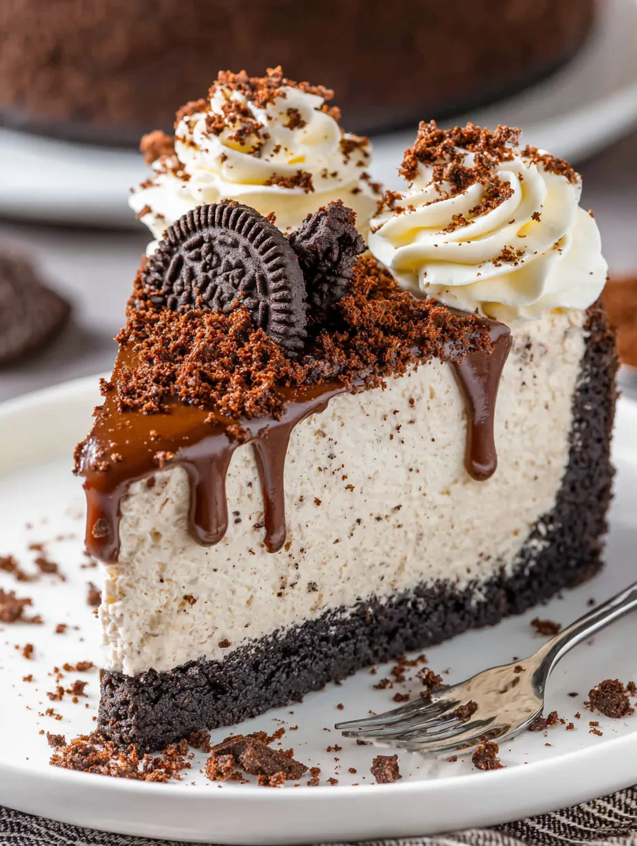 A chocolate dessert with Oreo crust and chocolate glaze.