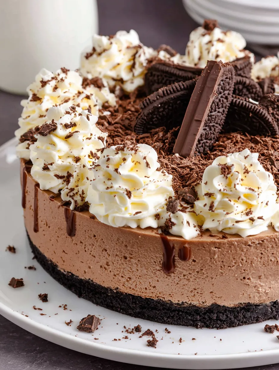 A chocolate cake topped with chocolate glaze, Oreo cookies, and vanilla cream.