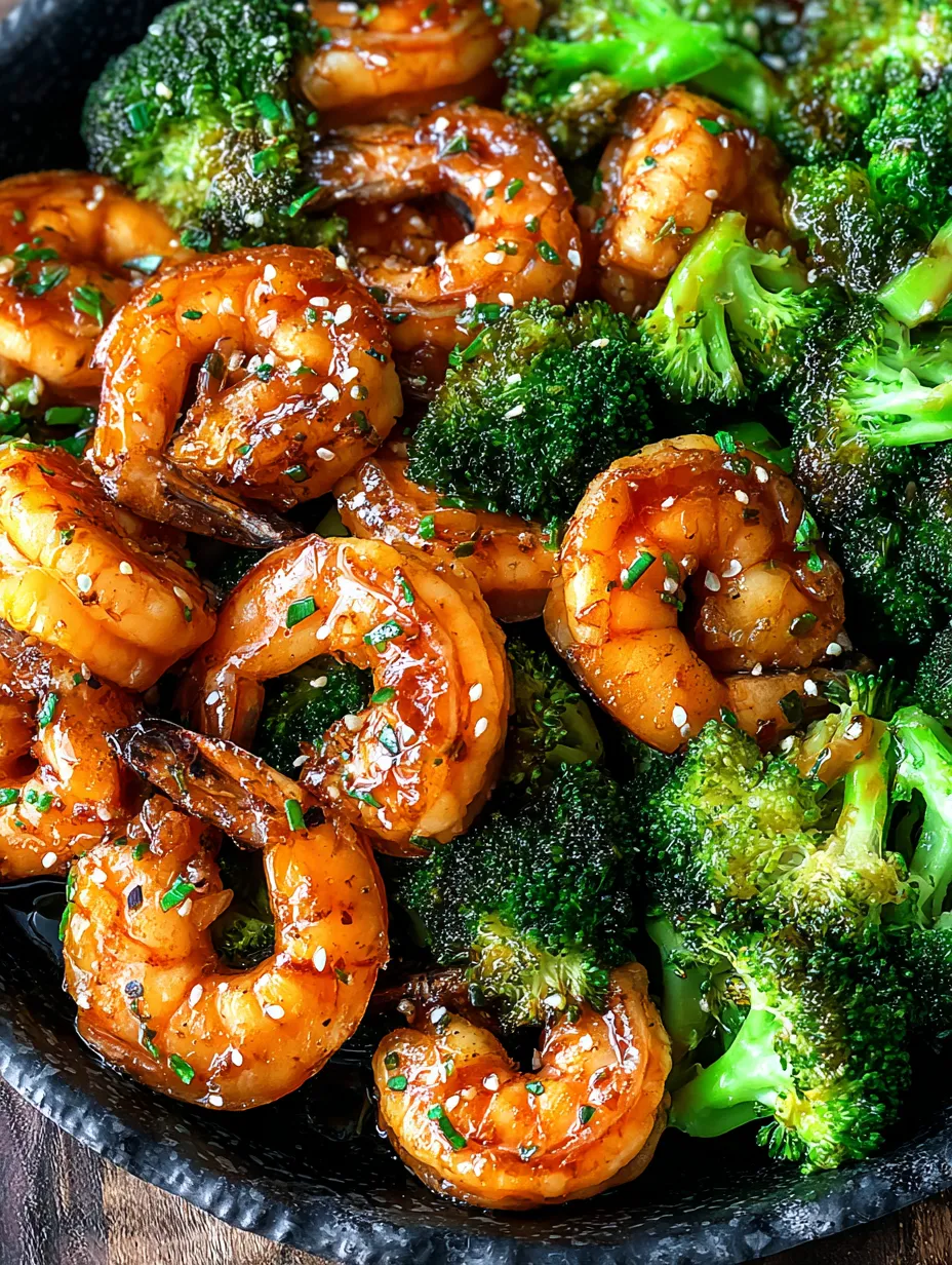 A photo showing a bowl filled with grilled shrimp and broccoli.