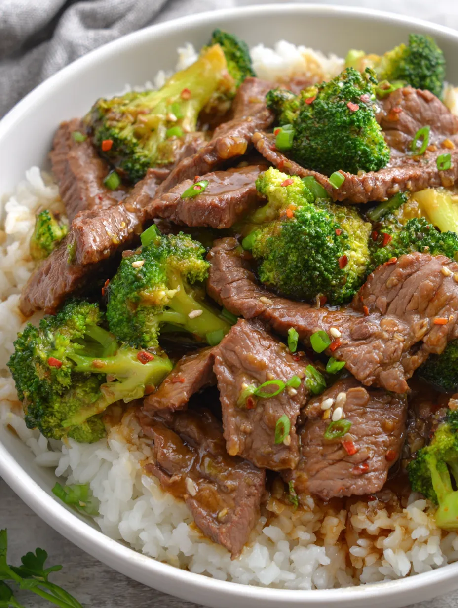 A white plate loaded with beef, rice, and tons of bright broccoli.
