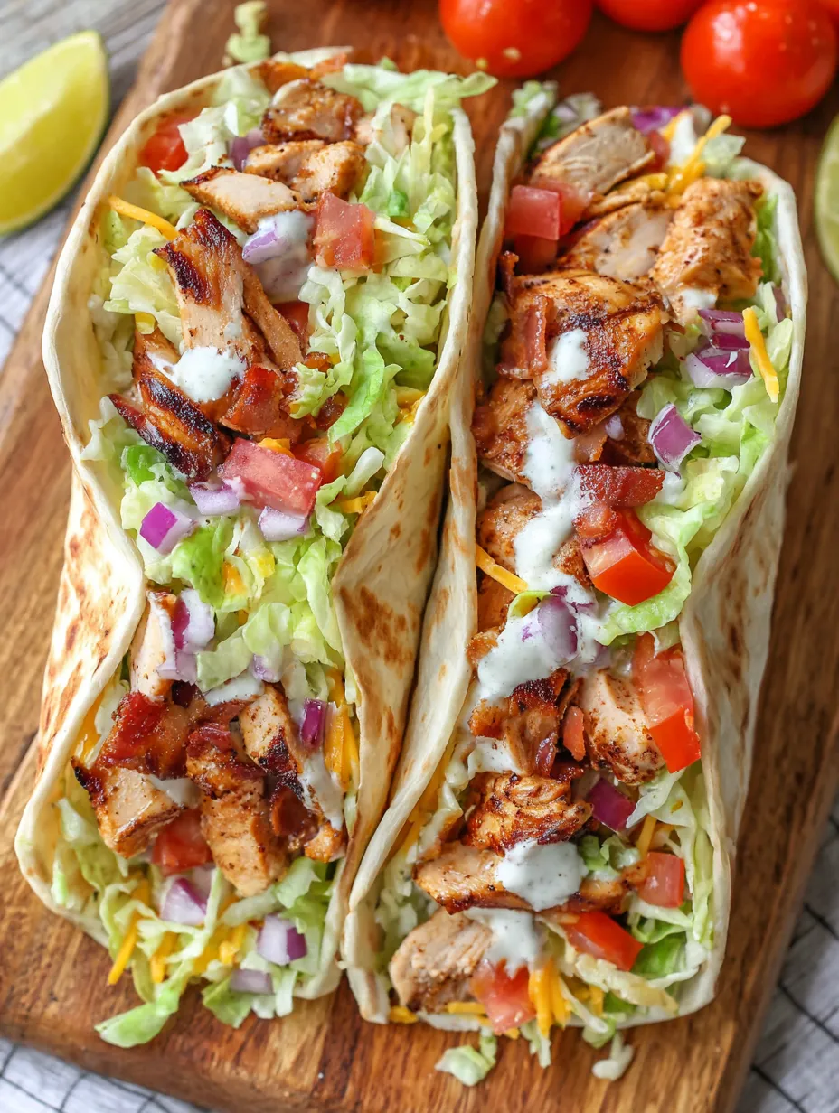 Two chicken and lettuce tacos sit side by side on a table.