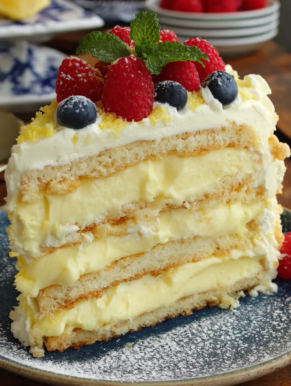 A vanilla cake slice with raspberries on a plate.