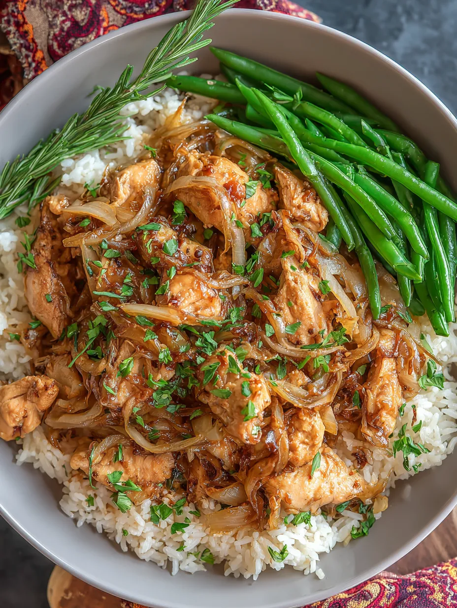 A bowl of rice and veggies—see onions in the mix—on a table.