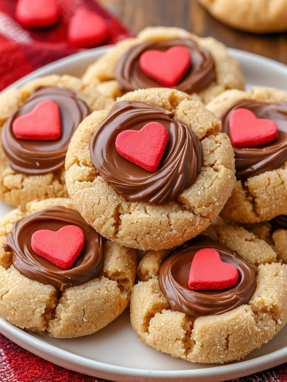 A white plate stacked high with peanut butter blossom cookies showing chocolate hearts on top.