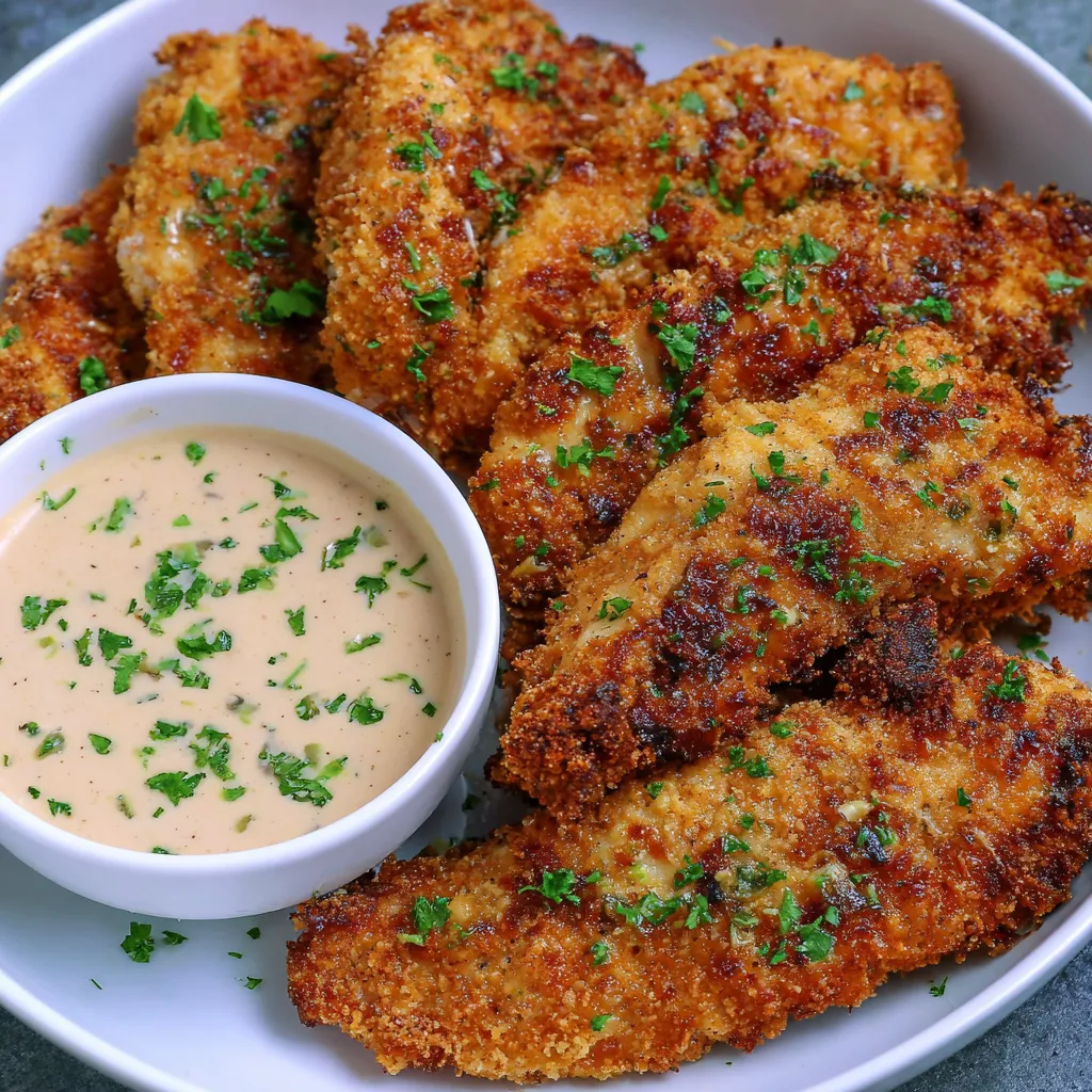 A white plate topped with a dipping sauce and crispy chicken strips.