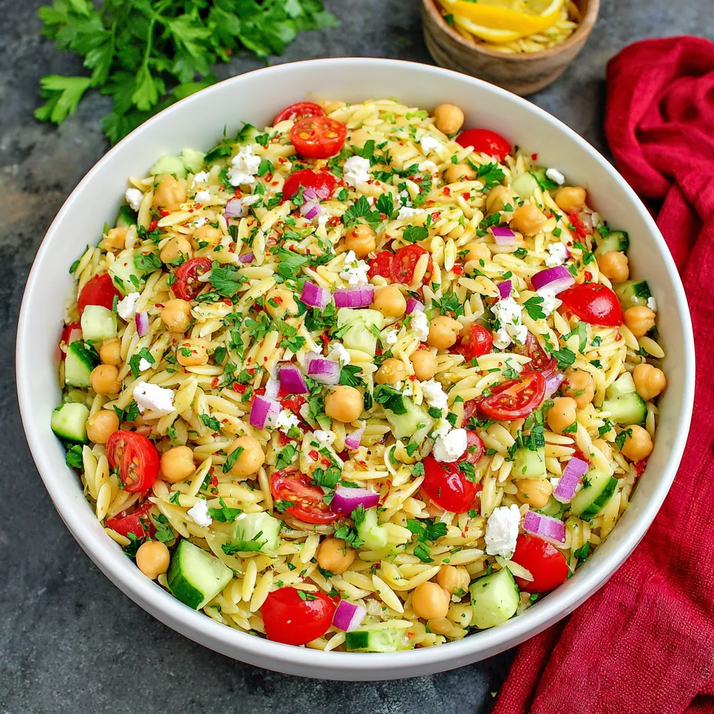 A white cup filled with a mix of rice, tomatoes, zucchini, cucumber, onion, parsley, lemon, olive oil, and chickpeas.