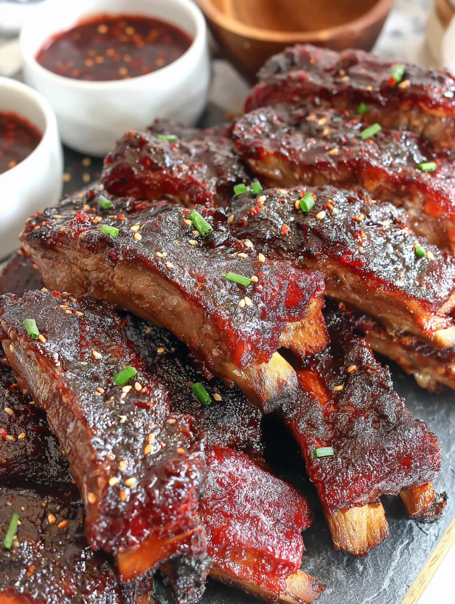 A board piled with BBQ ribs, sliced in pieces.