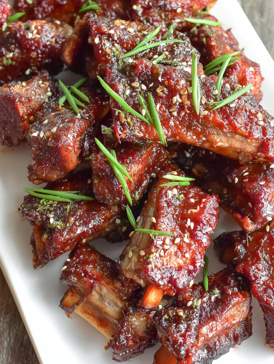 A platter of BBQ pork ribs, finished with parsley and sesame.