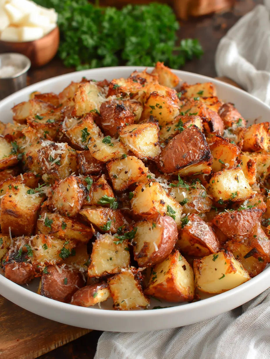 A white plate with fresh potatoes topped with parmesan and herbs.