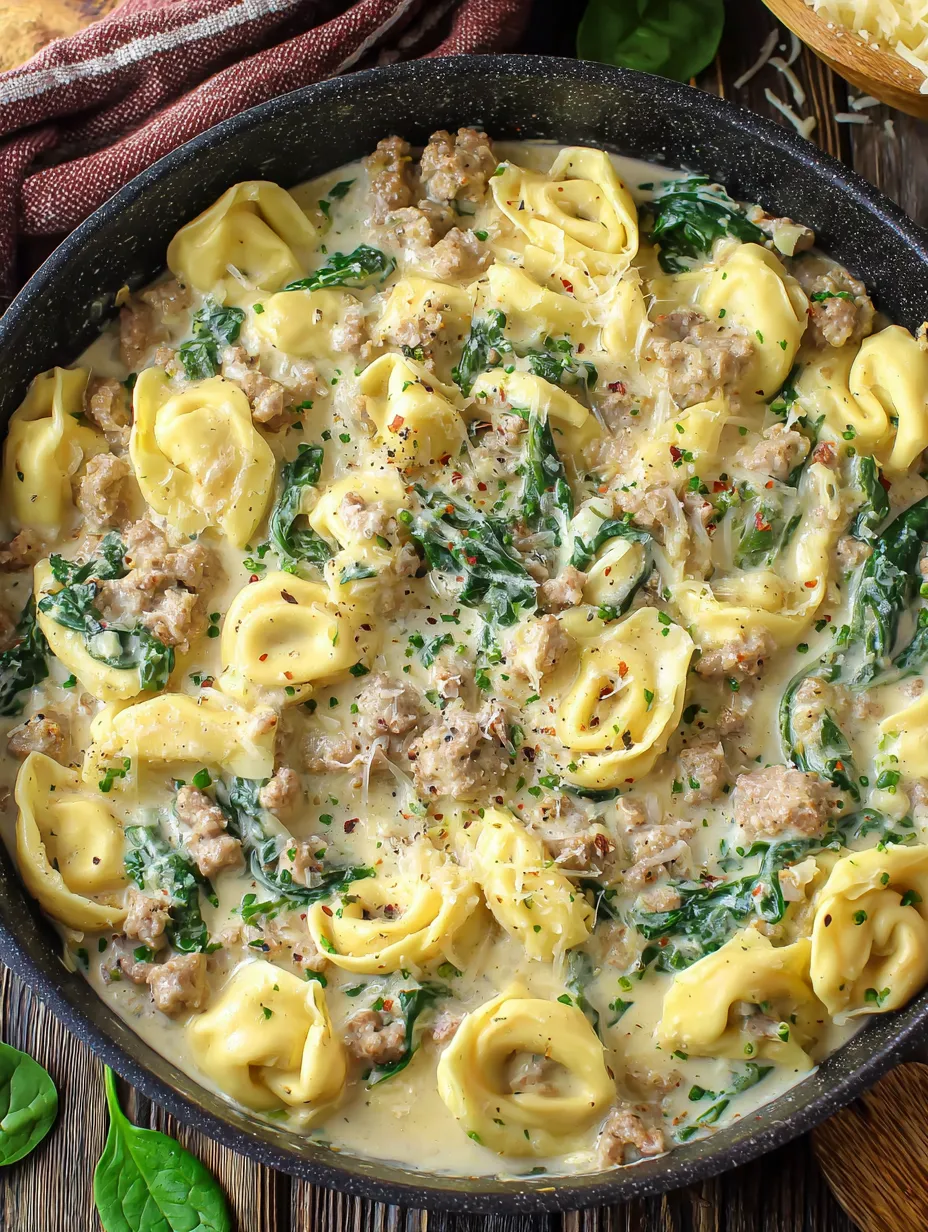 A pot packed with pasta, meatballs, and fresh spinach.