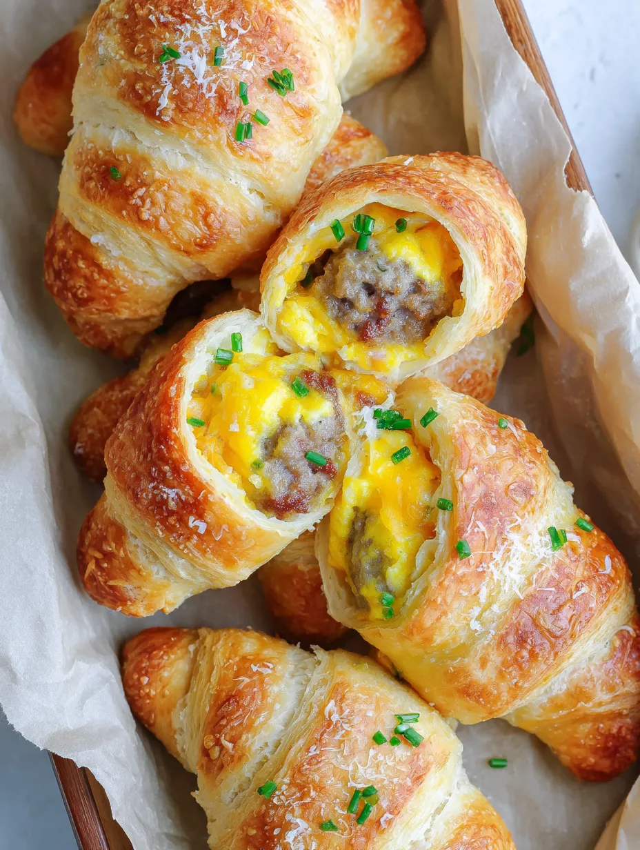A white plate with six croissants stuffed with eggs and onions.