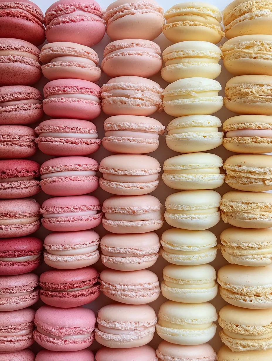 Lots of colorful macarons lined up in shades from light to dark.