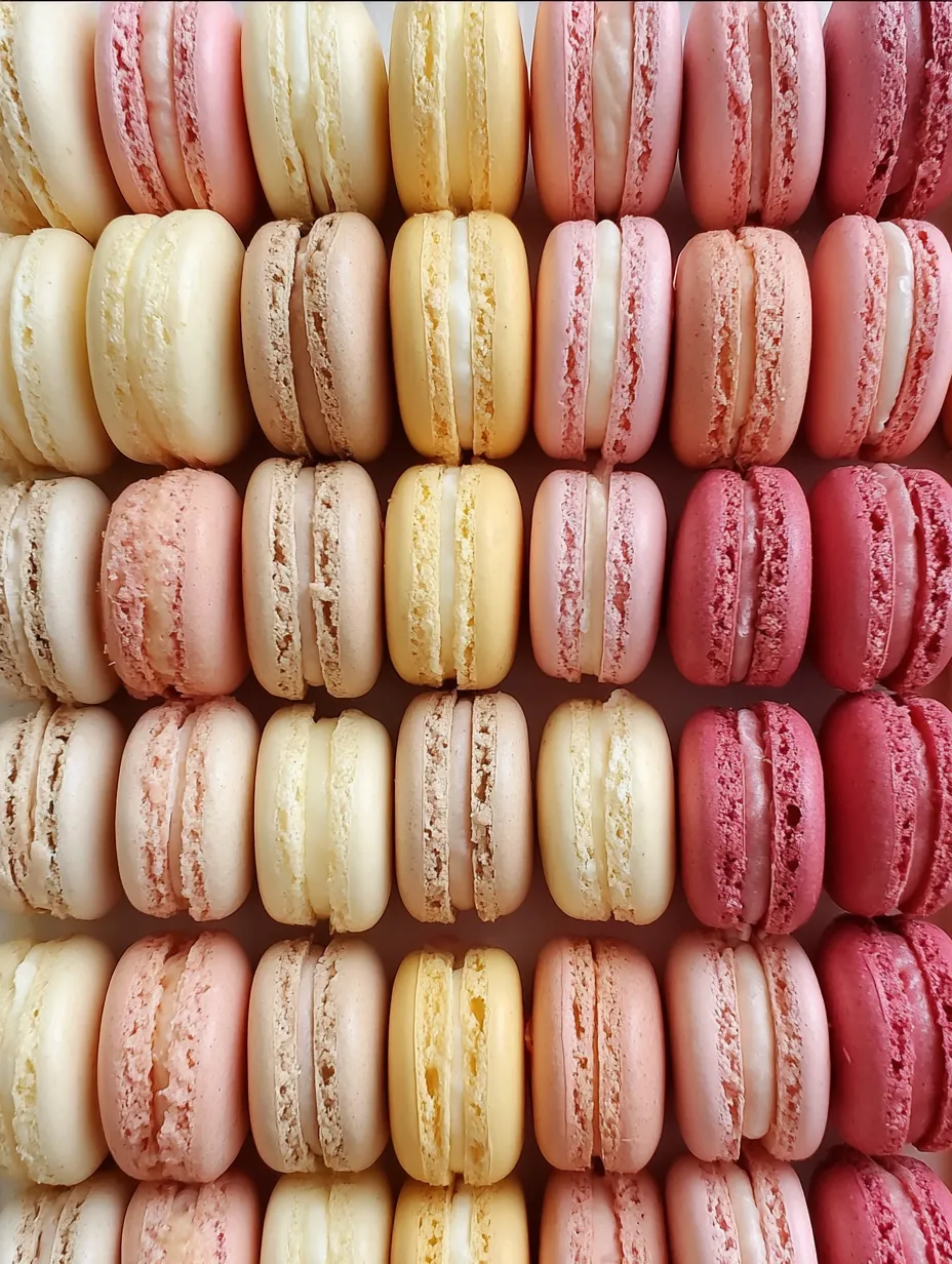 A bunch of vibrant macarons stacked together: pinks, yellows, whites, oranges, and more.