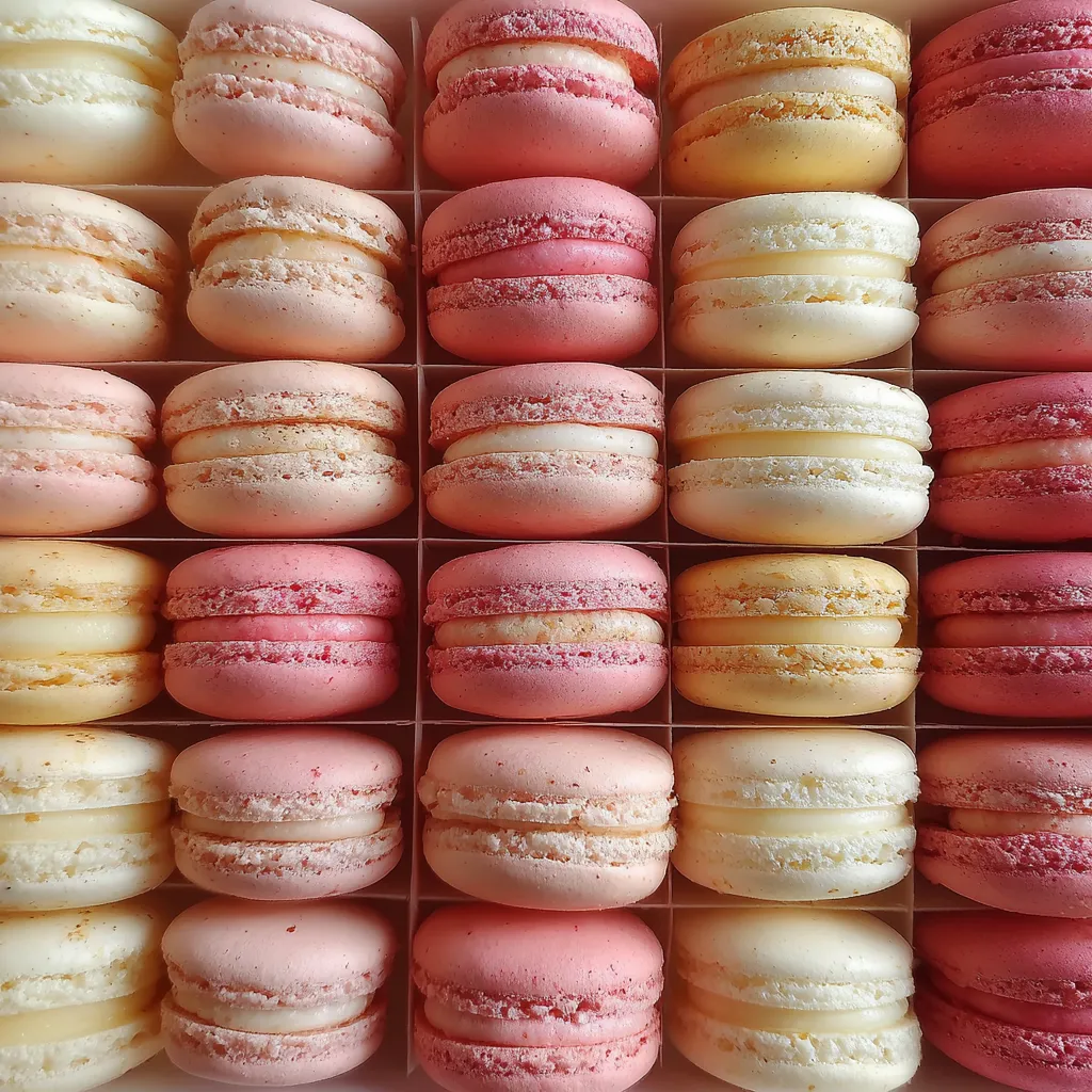A box filled with 12 colorful macarons in shades of pink, purple, green, and yellow.