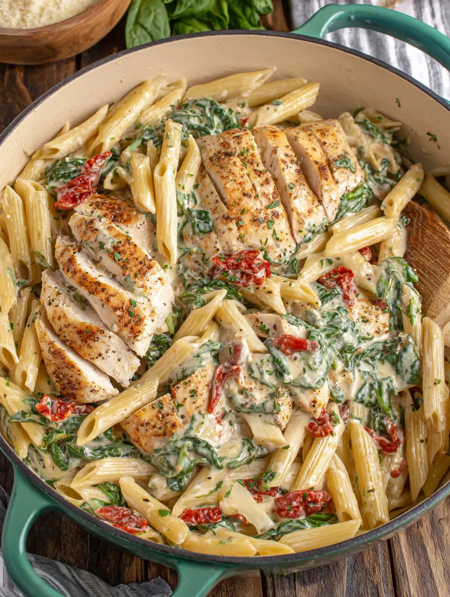 A hearty stew with pasta, chicken, spinach, and tomatoes.