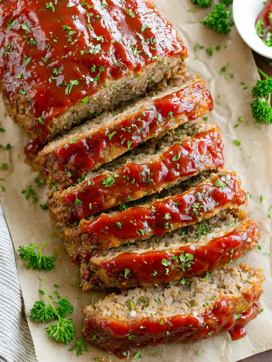 A slice of meatloaf with sauce on a plate.